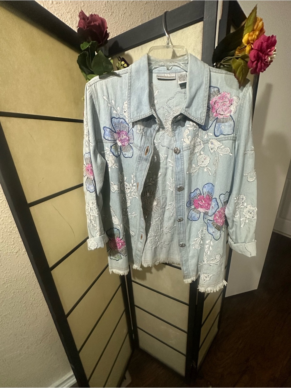 Light Wash Floral Embroidered Denim Jacket - Pink & Blue Accents